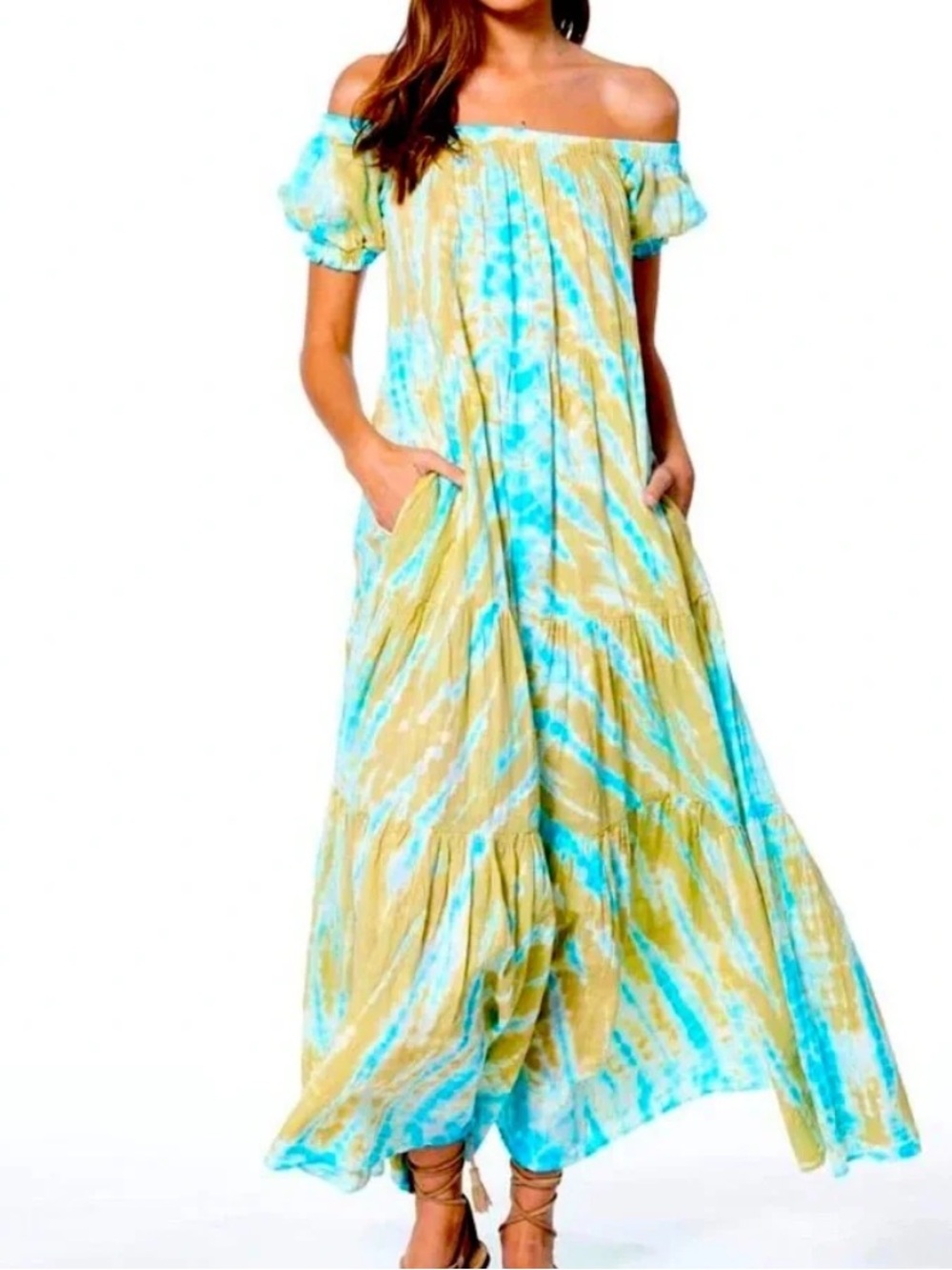Young Fabulous & Broke Turquoise and Sand Off-Shoulder Tie-Dye Maxi Dress XS
